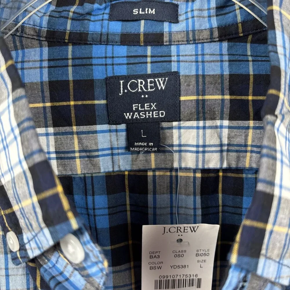 NWT J Crew Men's Large Blue Plaid Long Sleeve Button Shirt Slim B1050 Color BSW